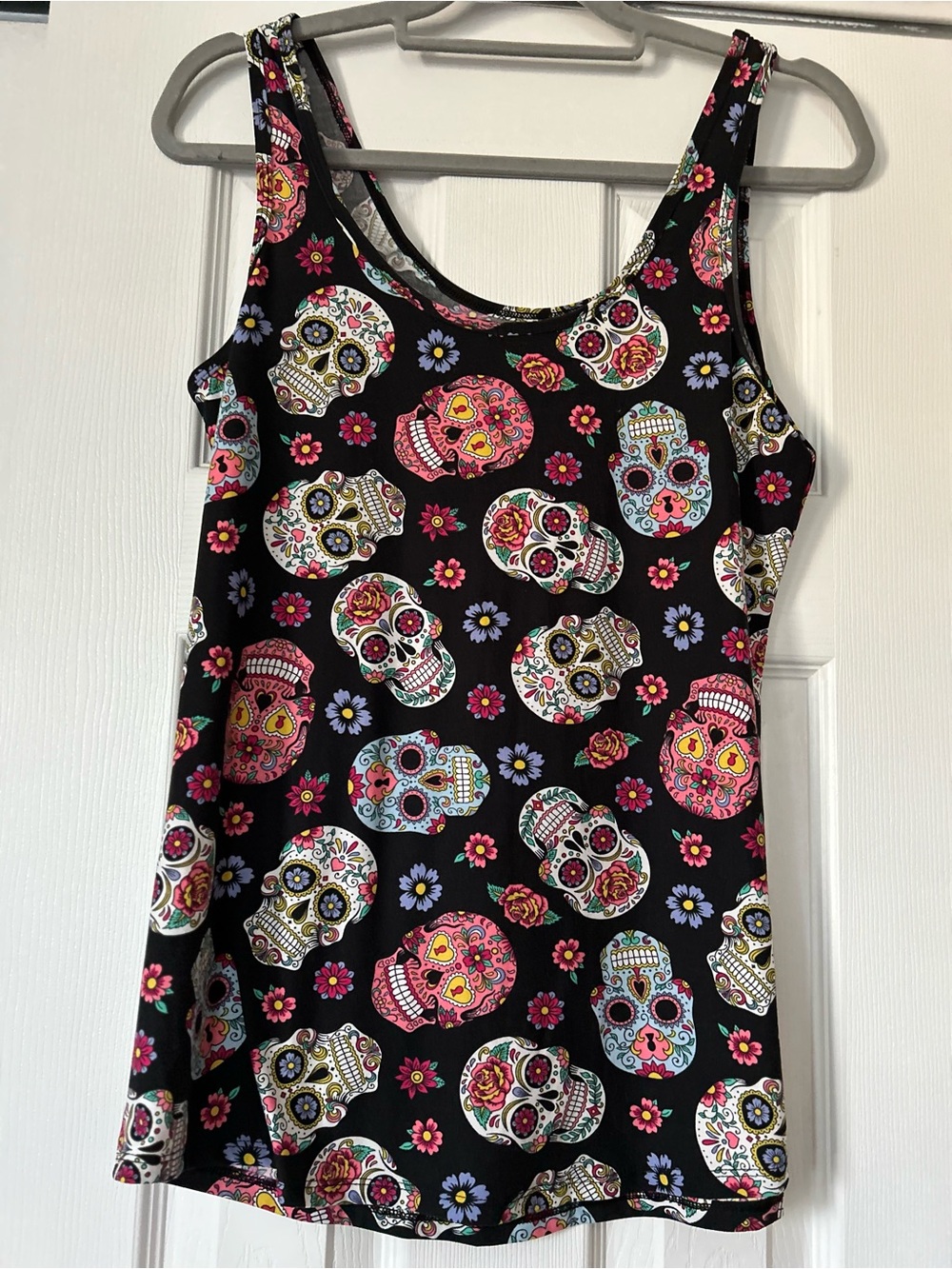 No Boundaries Black Sugar Skull Tank Top with Pink & Blue Accents